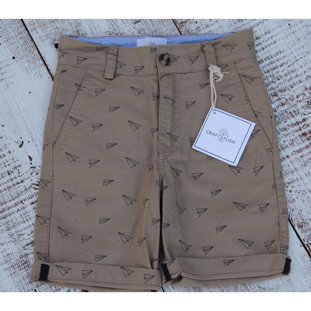 CRAFT + FLOW Kids Boys Size 4 Beige Paper Airplanes Print Bermuda Shorts NEW